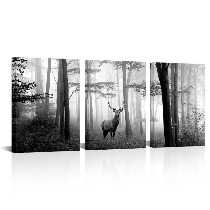 Visual Art Decor Black and White Wall Art Deer in Autumn Foggy Forest Picture Indeer Elk Stag Canvas Prints for Home Living Room Bedroom Wall Decoration Ready to Hang - Image 1